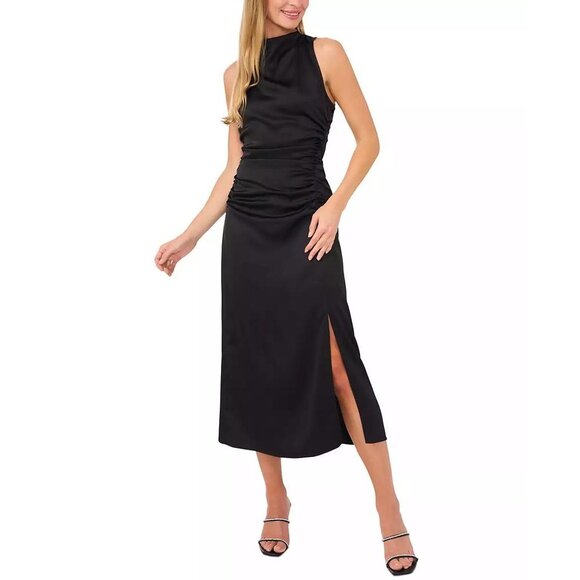 CeCe Womens Formal Black Satin Ruched Side-Split Long Dress/Gown Size 10 NWT - Picture 1 of 3